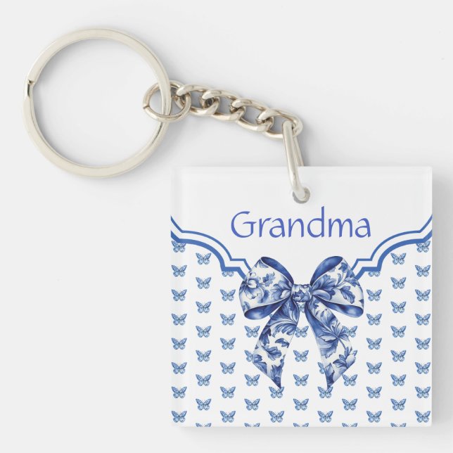 Vintage Blue White Butterfly Bow Personalised Key Ring (Front)