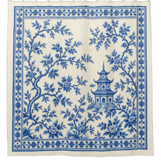 Vintage Blue White Chinoiserie Pagoda Floral Shower Curtain