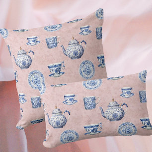 Vintage Blue White Chinoiserie Pots Faded Pink Cushion