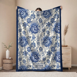 Vintage Blue White Chinoiserie Toile Monogram Fleece Blanket