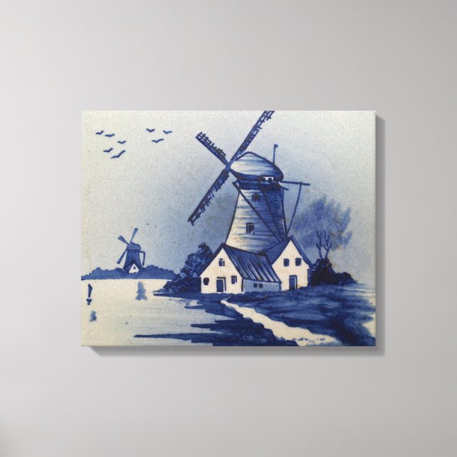 Vintage Blue White Delft Windmill Canvas Print (Front)