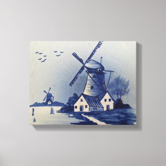 Vintage Blue White Delft Windmill Canvas Print (Front)