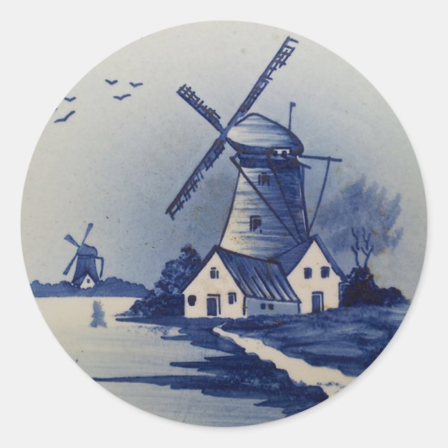 Vintage Blue White Delft Windmill Classic Round Sticker (Front)