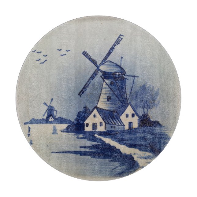 Vintage Blue White Delft Windmill Cutting Board (Front)