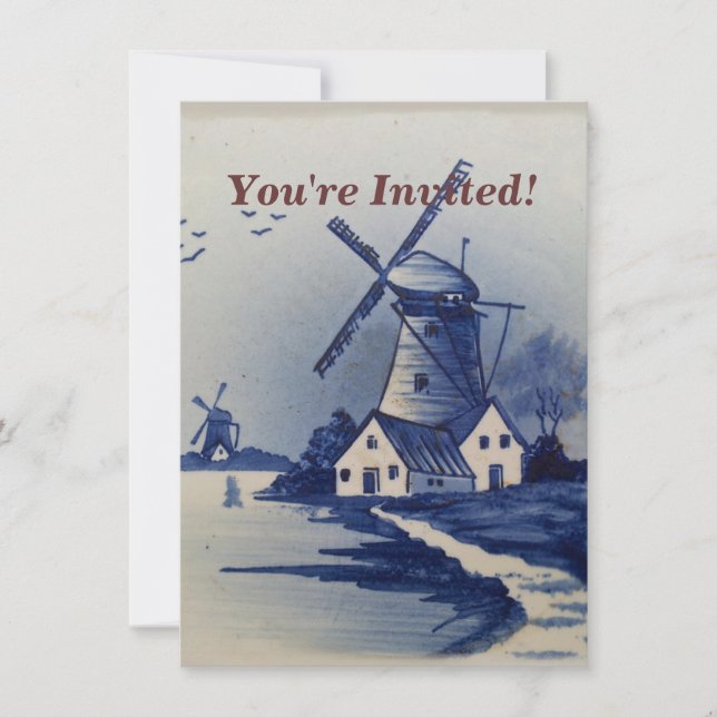 Vintage Blue White Delft Windmill Invitation (Front)