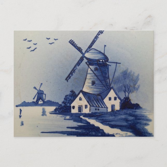 Vintage Blue White Delft Windmill Postcard (Front)