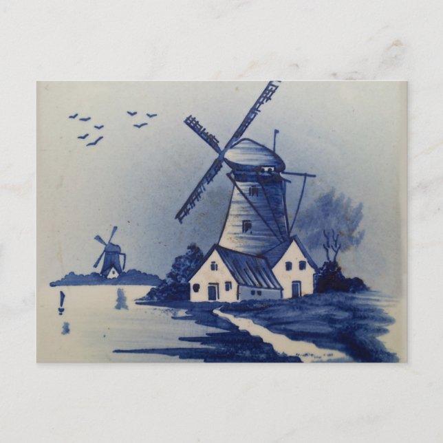 Vintage Blue White Delft Windmill Postcard (Front)