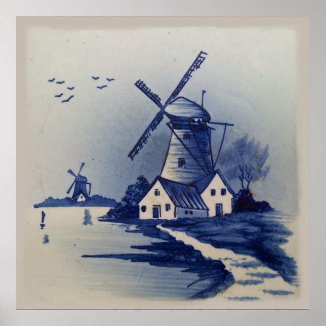 Vintage Blue White Delft Windmill Poster (Front)
