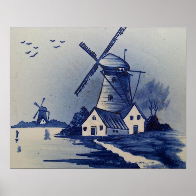Vintage Blue White Delft Windmill Poster (Front)