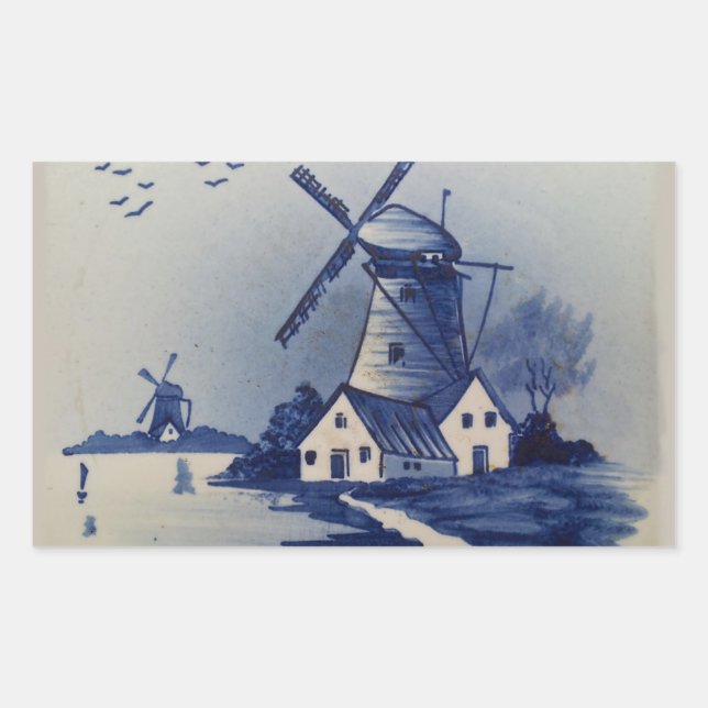Vintage Blue White Delft Windmill Rectangular Sticker (Front)