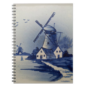 Vintage Blue White Delft Windmill Spiral Notebook