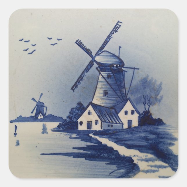 Vintage Blue White Delft Windmill Square Sticker (Front)