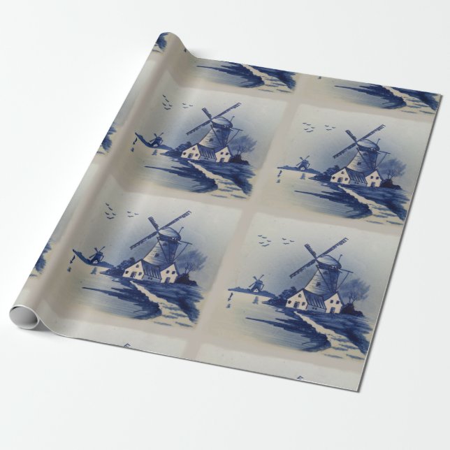 Vintage Blue White Delft Windmill Wrapping Paper (Unrolled)