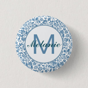 Vintage Blue White Floral Pattern Personalised 3 Cm Round Badge