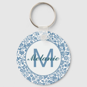 Vintage Blue White Floral Pattern Personalised Key Ring