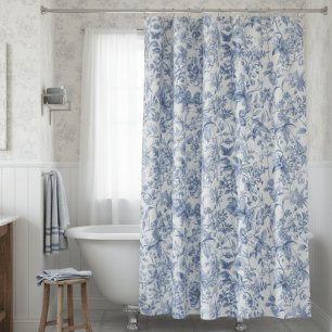 Vintage Blue White Floral Toile Elegant Shower Curtain