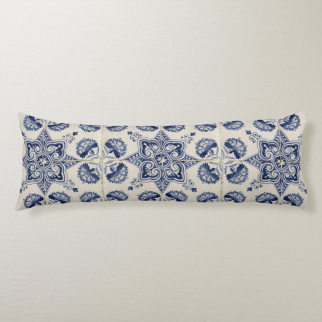  Vintage Blue White Geometric Flower Pattern  Body Cushion (Front)