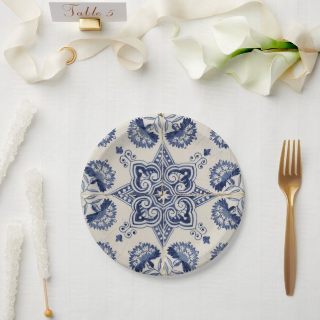  Vintage Blue White Geometric Flower Pattern  Paper Plate (Wedding)