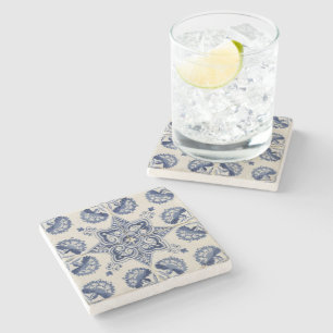 Vintage Blue White Geometric Flower Pattern  Stone Coaster