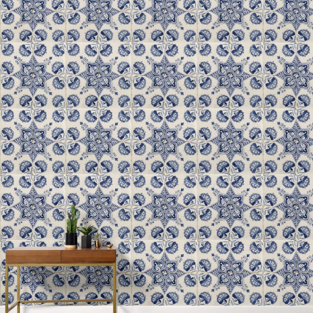  Vintage Blue White Geometric Flower Pattern Wallpaper (Hallway)