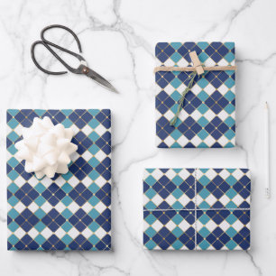 Vintage blue white gold argyle plaid pattern wrapping paper sheet