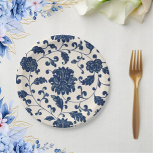 Vintage Blue + White Swirling Botanical Floral  Paper Plate
