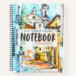 Vintage Blue White Watercolor Sketch Architecture Notebook