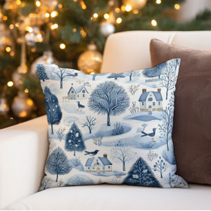 Vintage Blue White Winter Village  Cushion