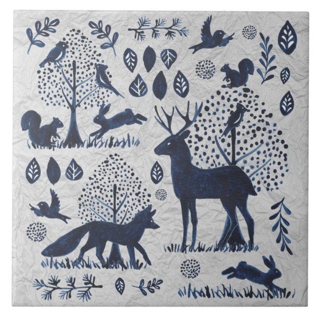 Vintage Blue & White Woodland Animal Fox Rabbit Tile (Front)