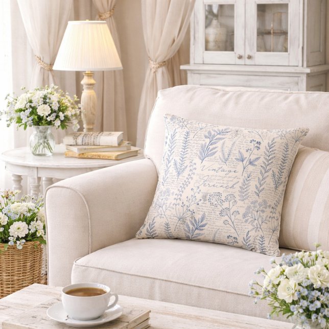 Vintage Blue Wildflower French Toile Pattern Cushion (Creator Uploaded)