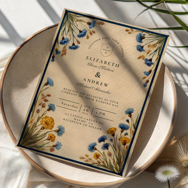 Vintage Blue Wildflower Wedding Invitation (Creator Uploaded)