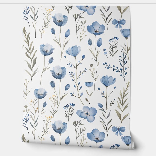 Vintage Blue Wildflowers and Botanical  Wallpaper (Unrolling)
