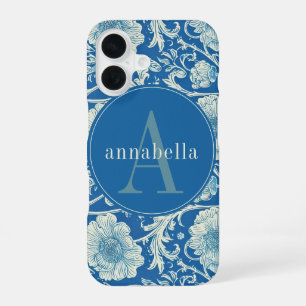 Vintage Blue William Morris Tapestry Monogram iPhone 16 Case