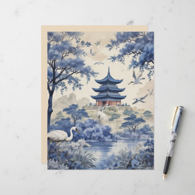 Vintage Blue Willow Dreams Scrapbook Paper (Front/Back In Situ)