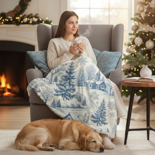 Vintage Blue Winter Village Christmas Snowflake Sherpa Blanket