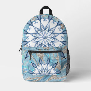 Vintage Blue Witchy Floral Mandala Add Your Name Printed Backpack