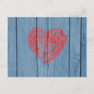 Vintage Blue Wood And Red Lace Heart Postcard