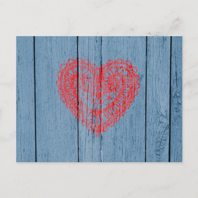 Vintage Blue Wood And Red Lace Heart Postcard (Front)