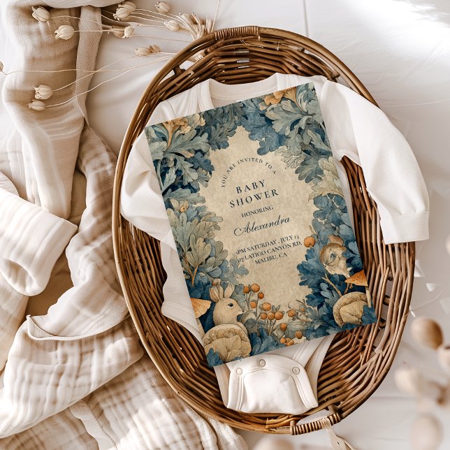 Vintage Blue Woodland Bunny Baby Shower Invitation (Creator Uploaded)