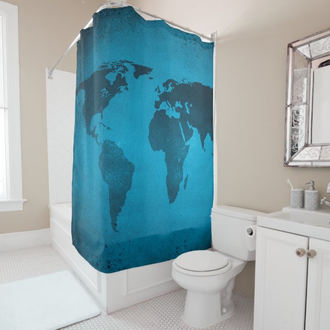 Vintage blue world map shower curtain (In Situ)
