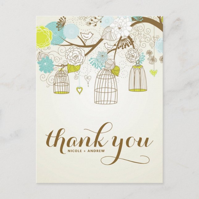 VINTAGE BLUE & YELLOW BIRDCAGES THANK YOU POSTCARD (Front)