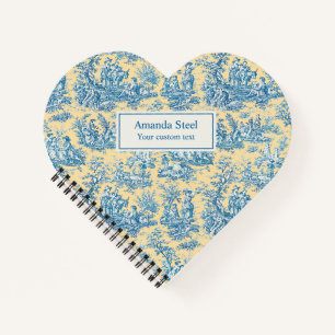 Vintage Blue Yellow French Toile de Jouy Heart Notebook