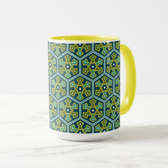 Vintage Blue Yellow Green Ottoman Turkish Hexagon Mug (Front Right)
