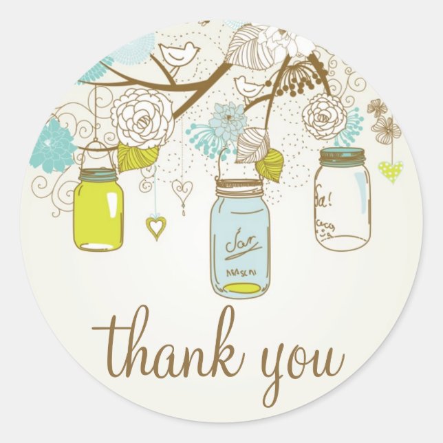 VINTAGE BLUE & YELLOW MASON JARS THANK YOU STICKER (Front)