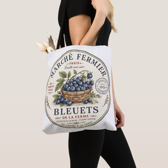 Vintage Blueberries Label Tote Bag (Close Up)