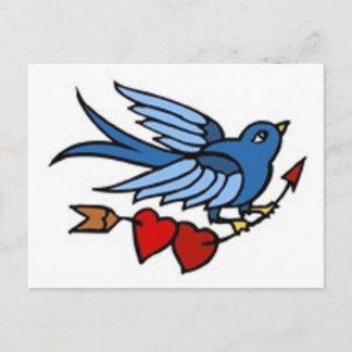 Vintage Bluebird and 2 Hearts Postcard