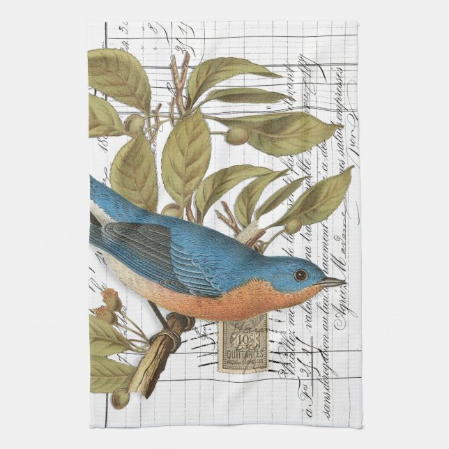 Vintage Bluebird French Script Kitchen Hand Towel (Vertical)