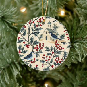 Vintage Bluebird Holly Christmas Cream Red Ceramic Tree Decoration