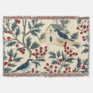 Vintage Bluebird Holly Christmas Cream Red Throw Blanket