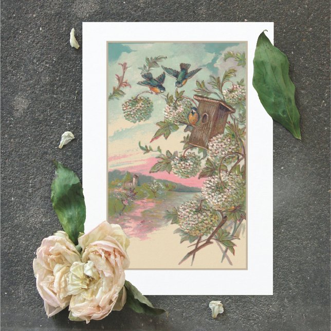 Vintage Bluebird House Hydrangea Birthday Card (Creator Uploaded)